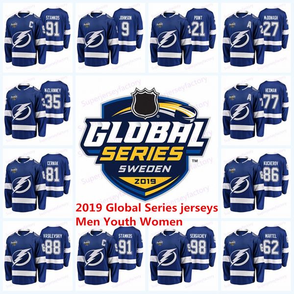 

91 Steven Stamkos Tampa Bay Lightning Jersey 2019 Global Series 21 Brayden Point 86 Nikita Kucherov 77 Victor Hedman 9 Tyler Johnson jerseys