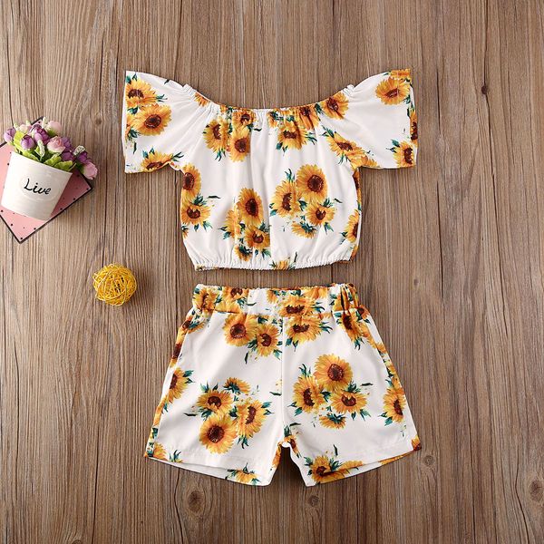 

pudcoco toddler baby girl clothes sunflower print off shoudler short sleeve short pants 2pcs outfits cotton clothes, White