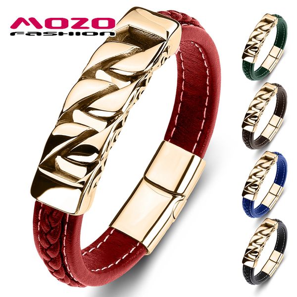 

mozo fashion trendy men bracelet genuine leather stainless steel charm bracelet women jewelry bracelets red, White