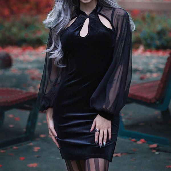 

bodycon dresses for woman fashion gothic court stand collar hollow out patchwork long sleeve dress ropa de mujer de fiestas#y2, Black;gray
