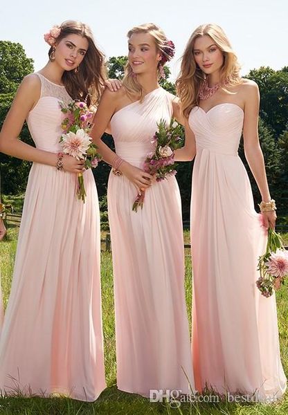 2019 economici blush lunghi abiti da damigella d'onore estate boho chiffon abito da damigella d'onore per la spiaggia prom party volant abiti da sposa ospite cus237b