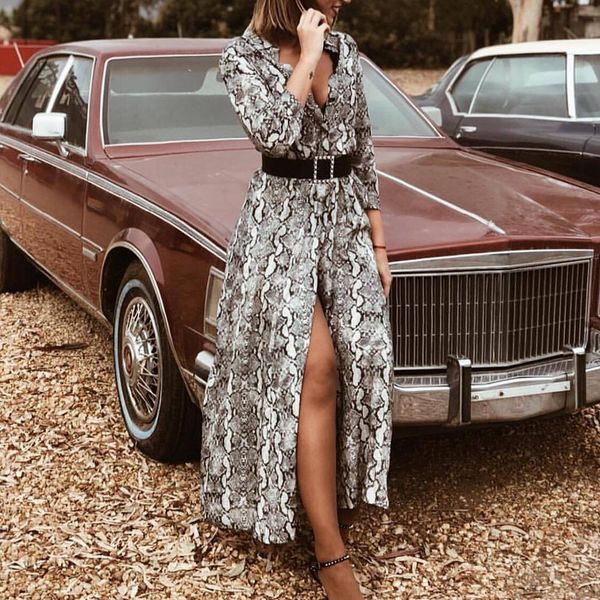 

Women V Neck Snake Skin Print Maxi Dresses Ladies Split Holiday Beach Party Casual Dress Ladies sexy clothes vetement femme
