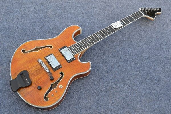 El yapımı Hollow Vücut Caz Gitar Flamed Maple Top Kahverengi Sarı Kaplan Burst Abanoz Klavye Elektrik Gitar 24 Fret gül ağacı saten bitirmek