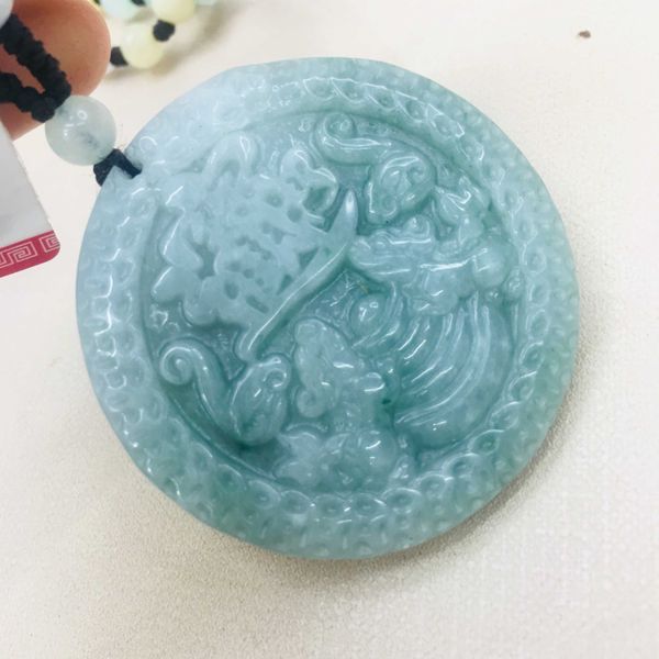 

natural burmese emerald jade carving round good luck kylin pendant with handmade jade tri-color beads necklace male sweater chai, Silver
