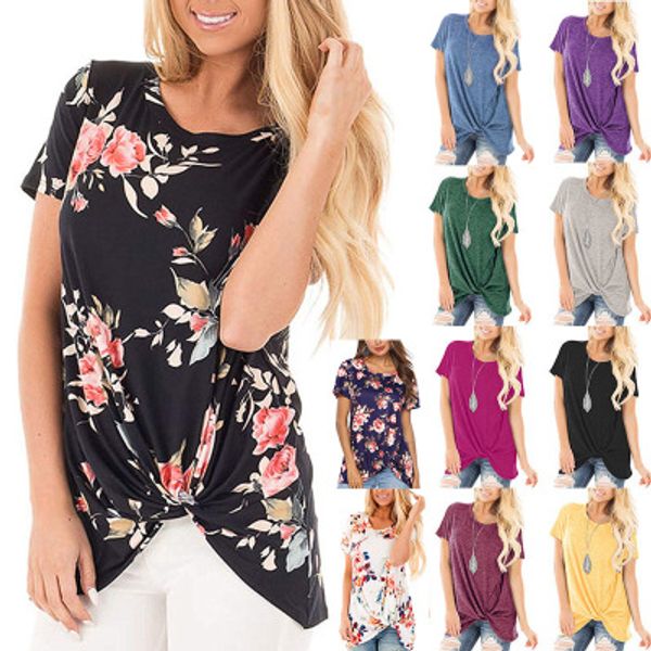 

women floral print t-shirt irregular short sleeves european americanwear spring round neck pullover tees 2030, White