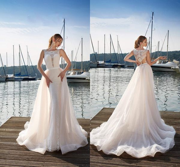 

2019 gorgeous lace mermaid wedding dresses detachable overskirts square neck appliqued country wedding dress sweep train beach bridal gowns, White