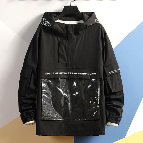 

hoodies men autumn casual fashion patchwork pullover hoodies pour hommes multi-pockets outwear coat herren sweatshirt 2019 new, Black