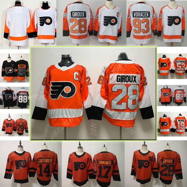 

new philadelphia flyers hockey jerseys men 28 claude giroux 88 eric lindros 53 shayne gostisbehere 79 carter hart 93 jakub voracek jersey, Black;red