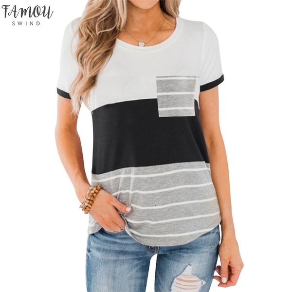 

pocket t shirt women striped tee summer short sleeve tee shirts patchwork slim fit women o neck t shirts, White