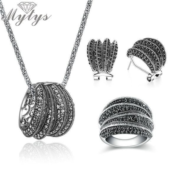 

mytys two styles black marcasite stone vintage jewelry sets for women sparkling antique retro statement jewellery, Silver