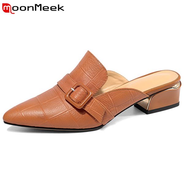 

moonmeek 2020 new arrival genuine leather shoes women slipper pointed toe buckle square heels casual shoes ladies summer, Black