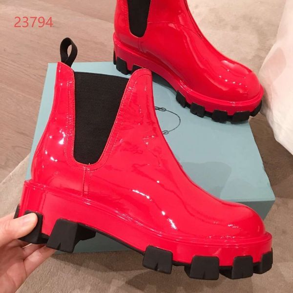 

new deign luxury shoes 2019 women booties slip-on chunky heels and patent leather platform women shoes red, Black