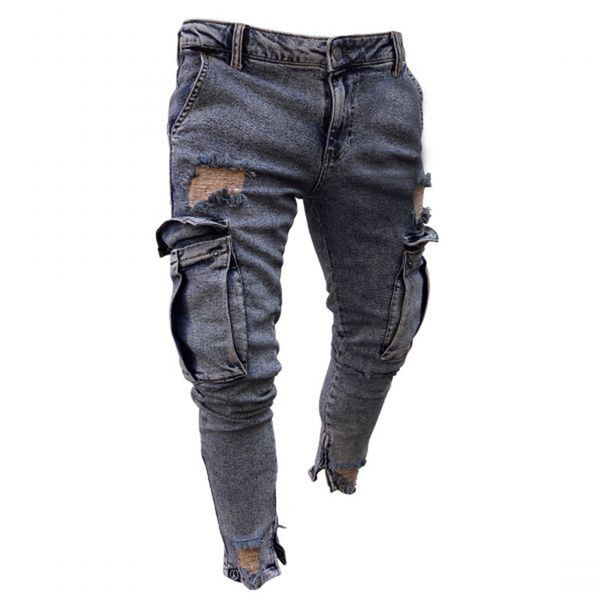 

casual thigh pockets stretch skinny jeans new men fashion hip slim fit denim zipper feet pants trousers, Blue