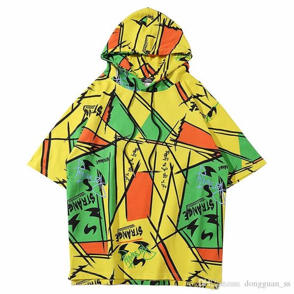 

2020 men hip hop hooded t shirt streetwear graffiti color block tshirt harajuku summer short sleeve hoodie t-shirt cotton, White;black