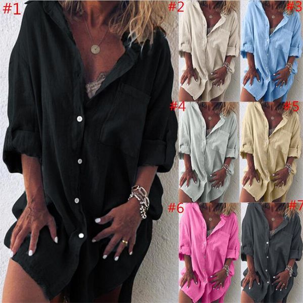 

fashion flax women t shirt long sleeve button blouse with pocket casual lapel neck shirts cardigan ladies design blouses clothes s-2xl, White