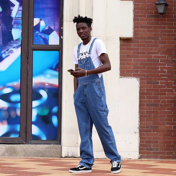 

men's jeans spring and autumn blue retro high-waist conjoined denim overalls large size trousers