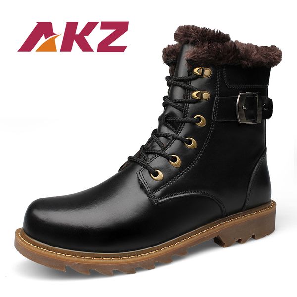 

akz new fashion genuine leather men's ankle boots winter warm snow boots male outdoor work lace up, Black