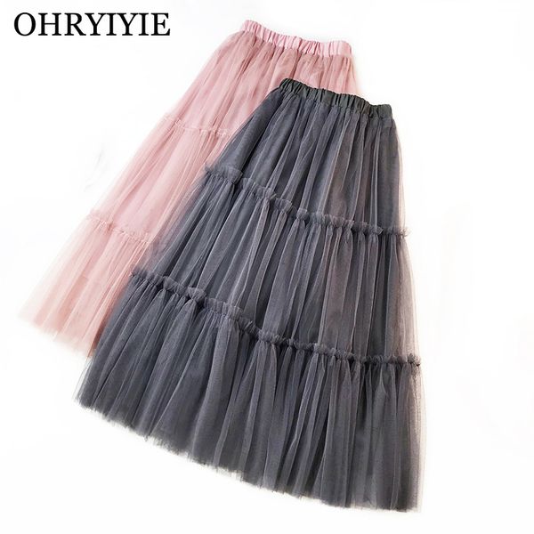 

ohryiyie spring summer tulle skirt women 2020 casual patchwork tutu skirt female high waist mesh midi skirts jupe longue femme, Black;gray