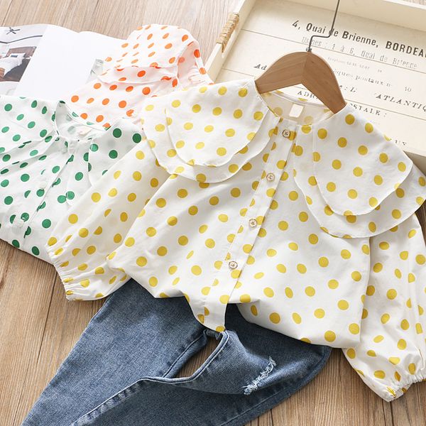

2020 new products childrenswear girls double layer ruffled collar long-sleeved shirt spring children baby dotted sweet shirt, White
