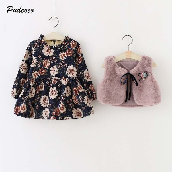 

2019 brand 2-8y kids fashion 2pcs toddler newborn baby girl winter warm clothing fleece floral girl dress+faux fur vest coat set, White