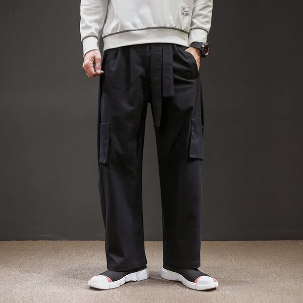 

men pants retro large size multi-pocket flax broad-legged trousers streetwear joggers sweatpants plus size cargo pants autumn, Black