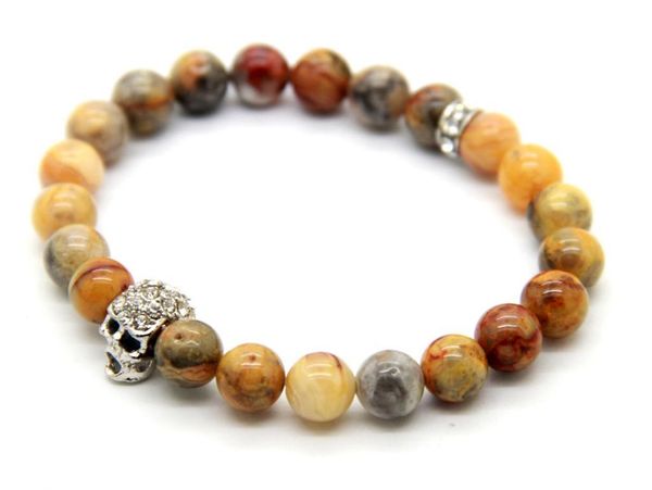 

ailatu retail new design beaded mens bracelets, 8mm natural crazy stone beads with yoga crystal skull, retail jewelry, Golden;silver