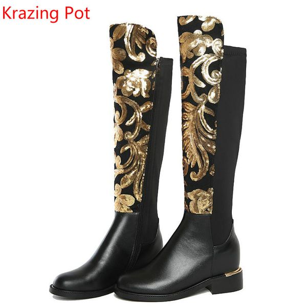

2019 brand winter shoes large size thick heel glitter women knee-high boots causal warm low heel real leather fashion boots l8f4, Black
