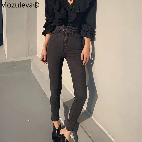 

mozuleva streetwear button high waist denim jean women black plus size jean for women jeans female skinny denim pencil pant, Blue