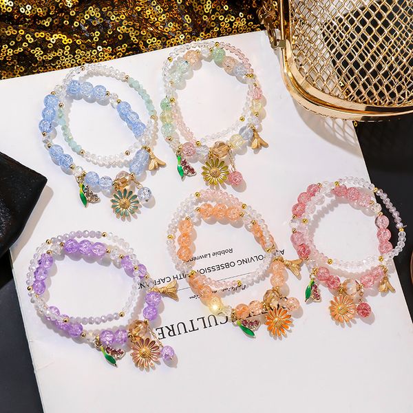 

summer korean sweet girl simple beautiful colorful crystal beaded flower double layer bracelet fashion women jewelry accessories, Black