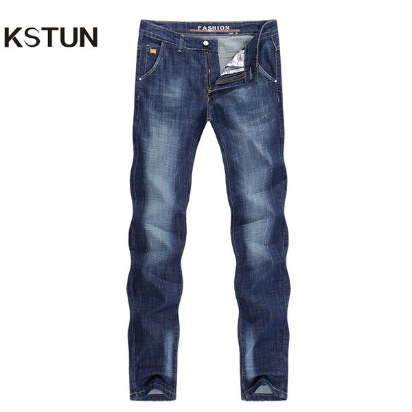 

kstun brand mens jeans summer ultrathin slim straight blue mid waist leisure fashion design man denim pants cowboys jean homme