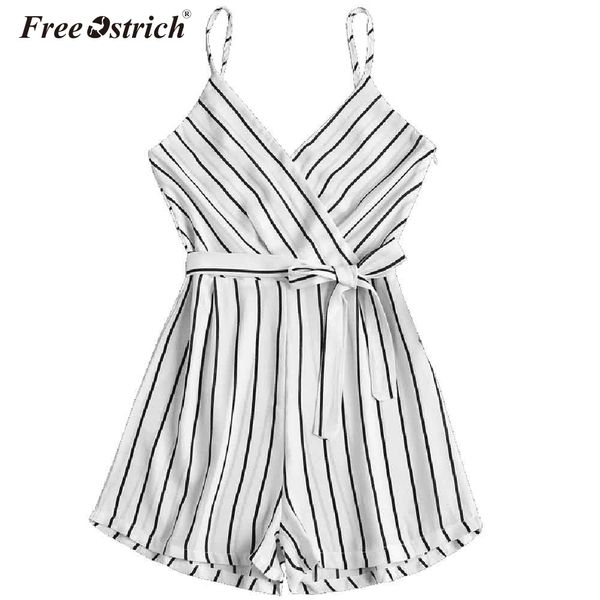 

ostrich spaghetti strap 2019 summer beach boho women playsuits elastic belted striped wrap casual vacation cami romper n30, Black;white