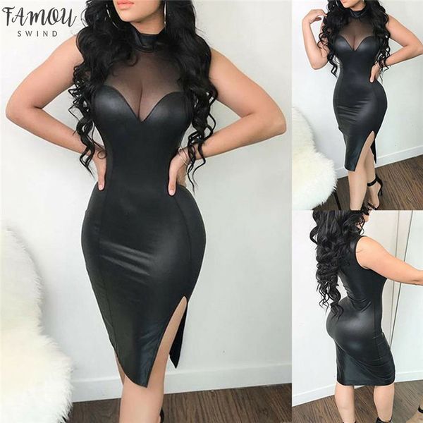 

2020 fashion women pu leather midi dress ladies mesh sheer sleeveless bodycon summer dress vestidos robe femme #4m22, Black;gray