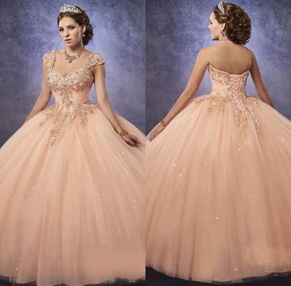 

Tulle Sparkling Ball Gown Quinceanera Dresses Basque Waist Peach Sweet 16 Dresses Lace Up Back Pageant Party Dress Custom Made