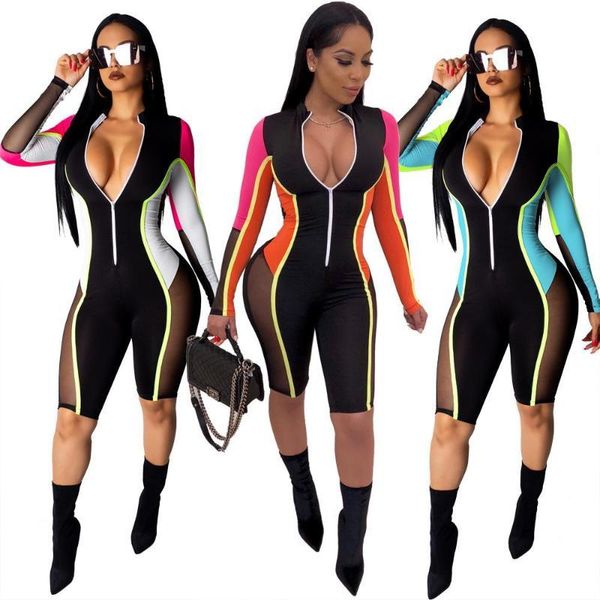 

jumpsuits summer gauze patchwork rompers one piece suits long sleeve joint zipper clothing contrast color women, Black;white