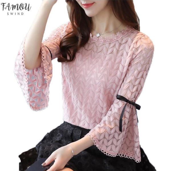 

2020 spring fashion solid lace shirts women blouses long sleeve o neck hollow out flare sleeve shirt women lace blouse, White