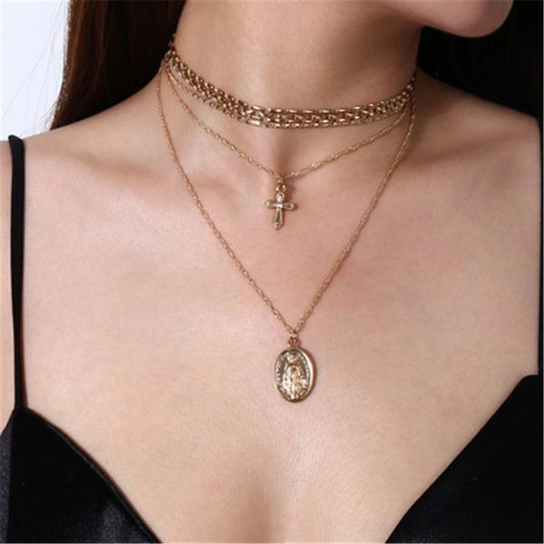 

new golden european american accessories personalized alloy cross jewelry multi-layer clavicle pendant female choker necklace, Silver