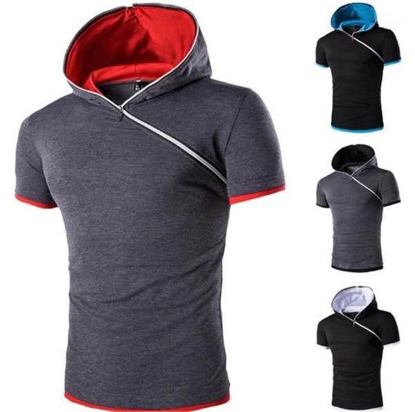 

футболки мода slopping молния дизайн с коротким рукавом с капюшоном тройники летние топы причинно мужская одежда горячий стиль мужские, White;black