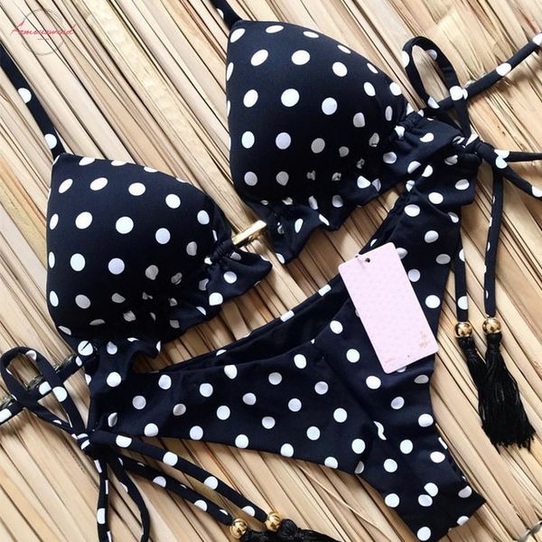 

2020 new womens polka dot strapless bikini set padded bra crease bandeau swimsuit beach swimwear bathing suit, White;black