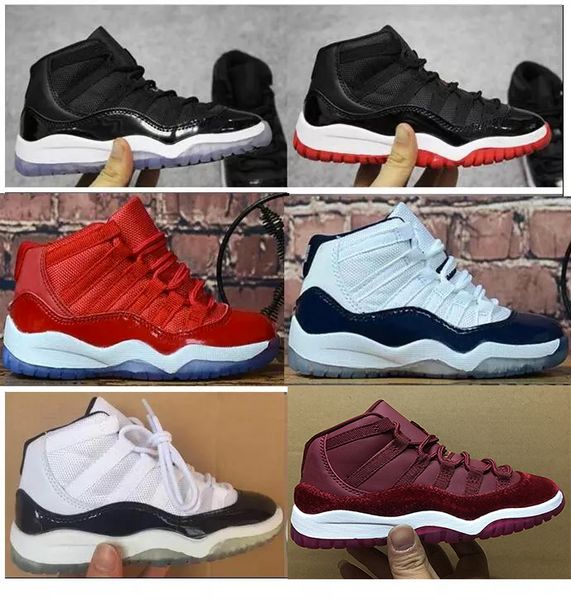 

queen kids 11 basketball shoes 72-10 bred concord gs heiress suede maroon gamma blue pink 11s sports athletic sneakers 28-35, Black
