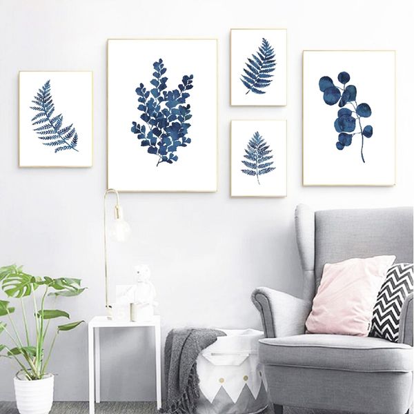 

ink blue fern prints watercolor indigo leaf botanical art canvas posters , ink blue eucalyptus foliage painting home wall decor