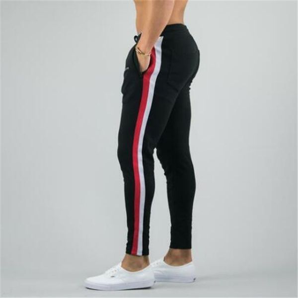 

male slacks men side striped jogger pants vogue casual long trousers sportswear workout slim fitness pencil pants elastic waist, Black