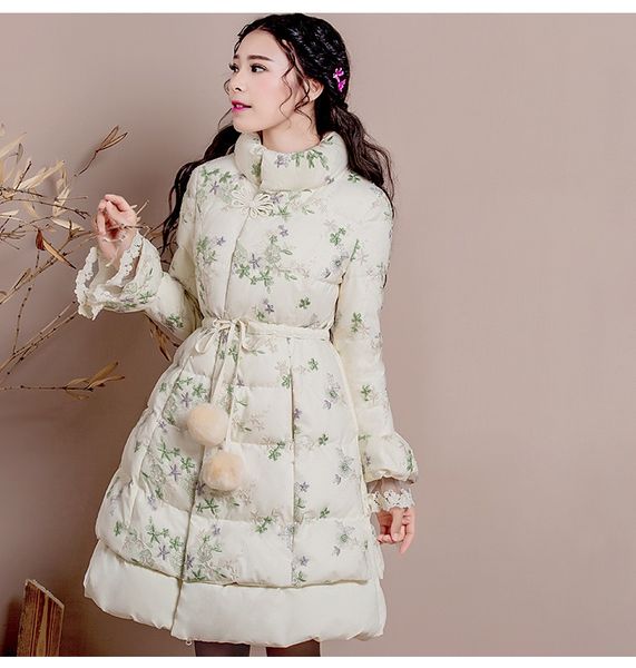

s-3xl 2018 winter stand collar embroidery women thick parkas inside white duck jacket coat flare sleeve slim outwear with 2 ball, Black