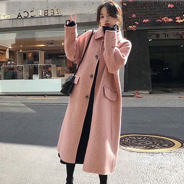 

2019 fashion long wool coat solid batwing long sleeve warm blend coat ladies winter turn down collar straight woolen outerwear, Black