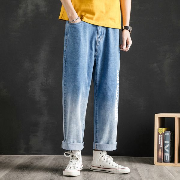 

men's jeans gradient straight tube summer tide pai gow casual pants wide legs, Blue