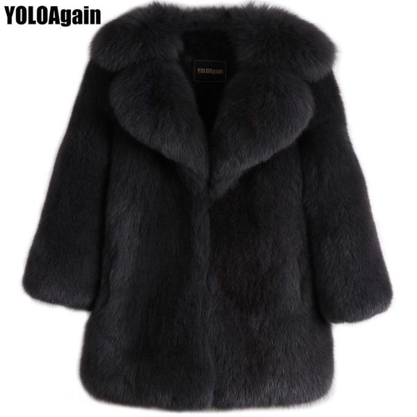 

yoloagain quality women long fur coat ladies turn down collar real fur coat, Black