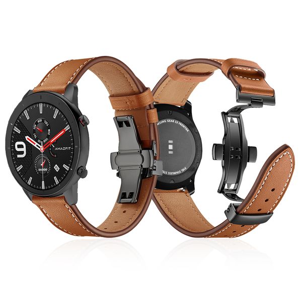 

butterfly clasp leather band for huami amazfit gtr 47mm 42mm bracelet strap for huami amazfit bip lite/stratos 2/pace, Black;brown