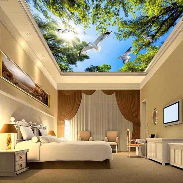 

waterproof 3d fresh natural blue sky green tree pigeon mural ceiling wallpaper living room hallway l household room ceiling wallpaper