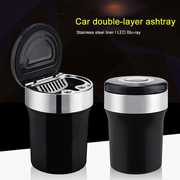 

car double-layer ashtray led blue-ray+stainless steel liner effective flame retardant ashtray creative car compass