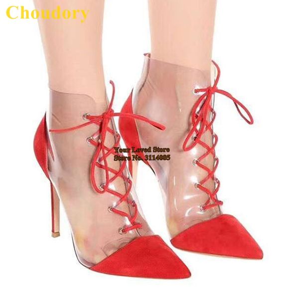 

choudory clear pvc lace-up ankle boots pointed toe red white pointed toe patchwork short booties stiletto heels dress pumps, Black