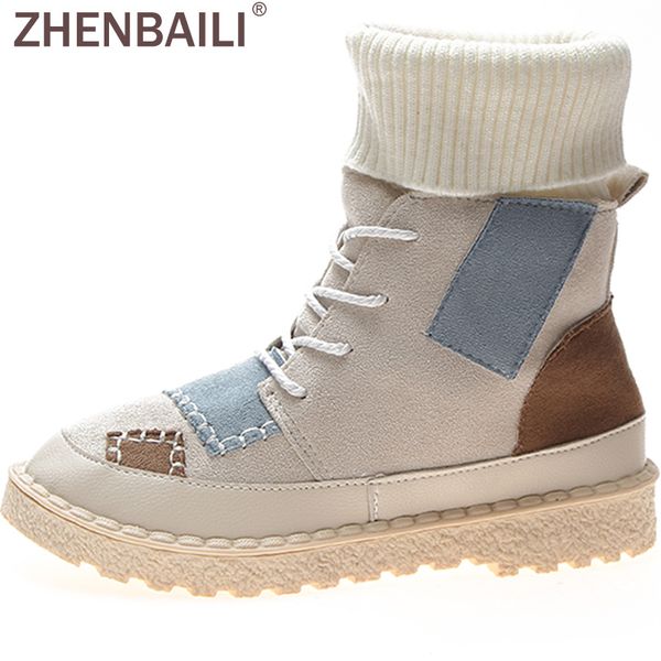 

zhenbaili chic patch knitted ankle boots women flat shoes woman platform boots 2019 autumn winter non-slip casual female shoes, Black